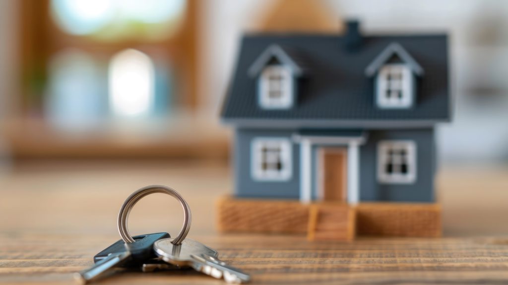 a blue toy house with keys 