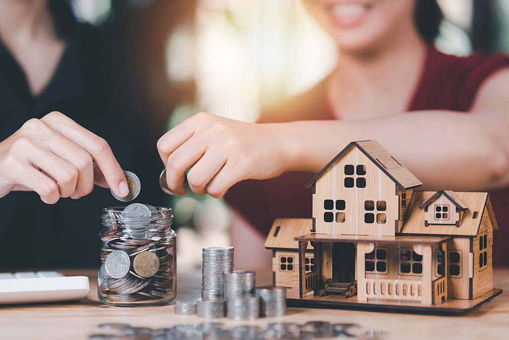 home equity loan small wooden house snd silver coins