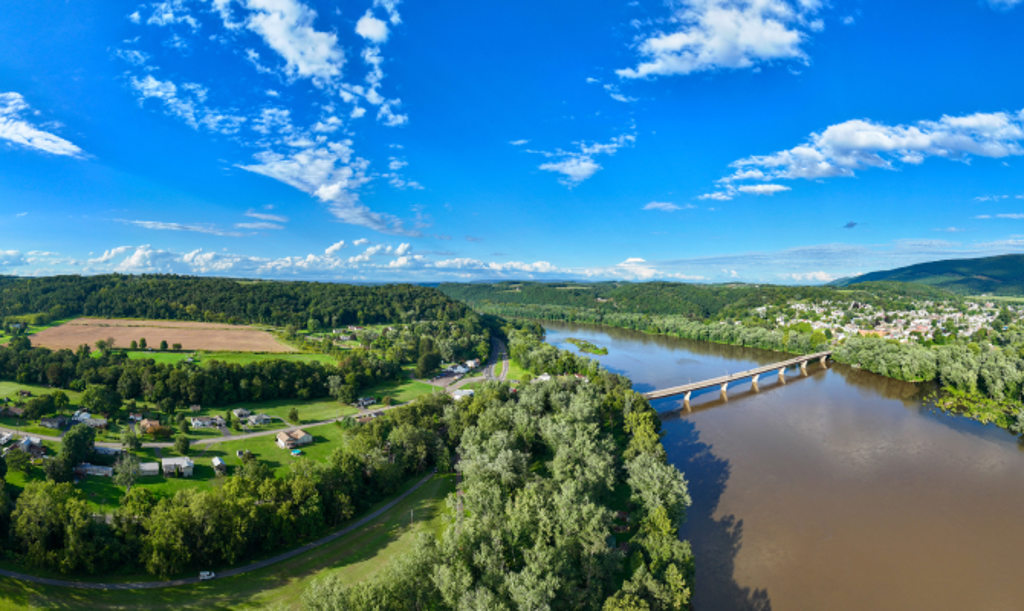 Aerial view of river and bridge in Catawissa, Pennsylvania.