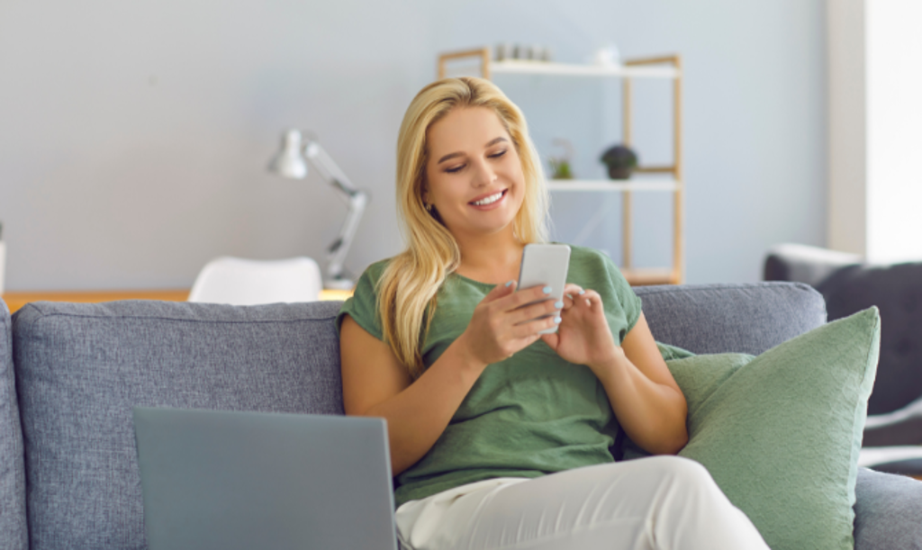 telephone banking blonde girl on phone on couch