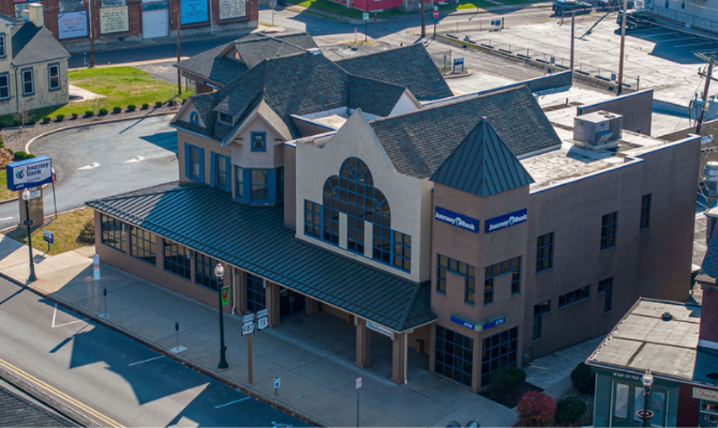 drone shot of journey bank's east street community office in bloomsburg, pa